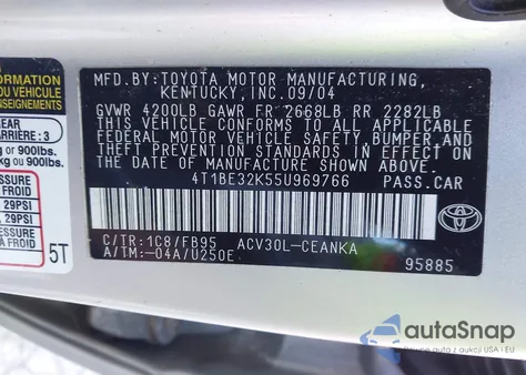 2005 Toyota Camry Std z USA, uszkodzony, nr VIN 4T1BE32K55U969766